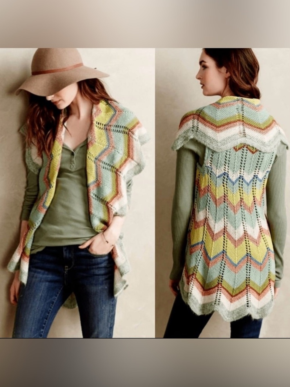 Anthropologie Rosie Neira Pastel Chevron Knit Open-Front Vest Size S